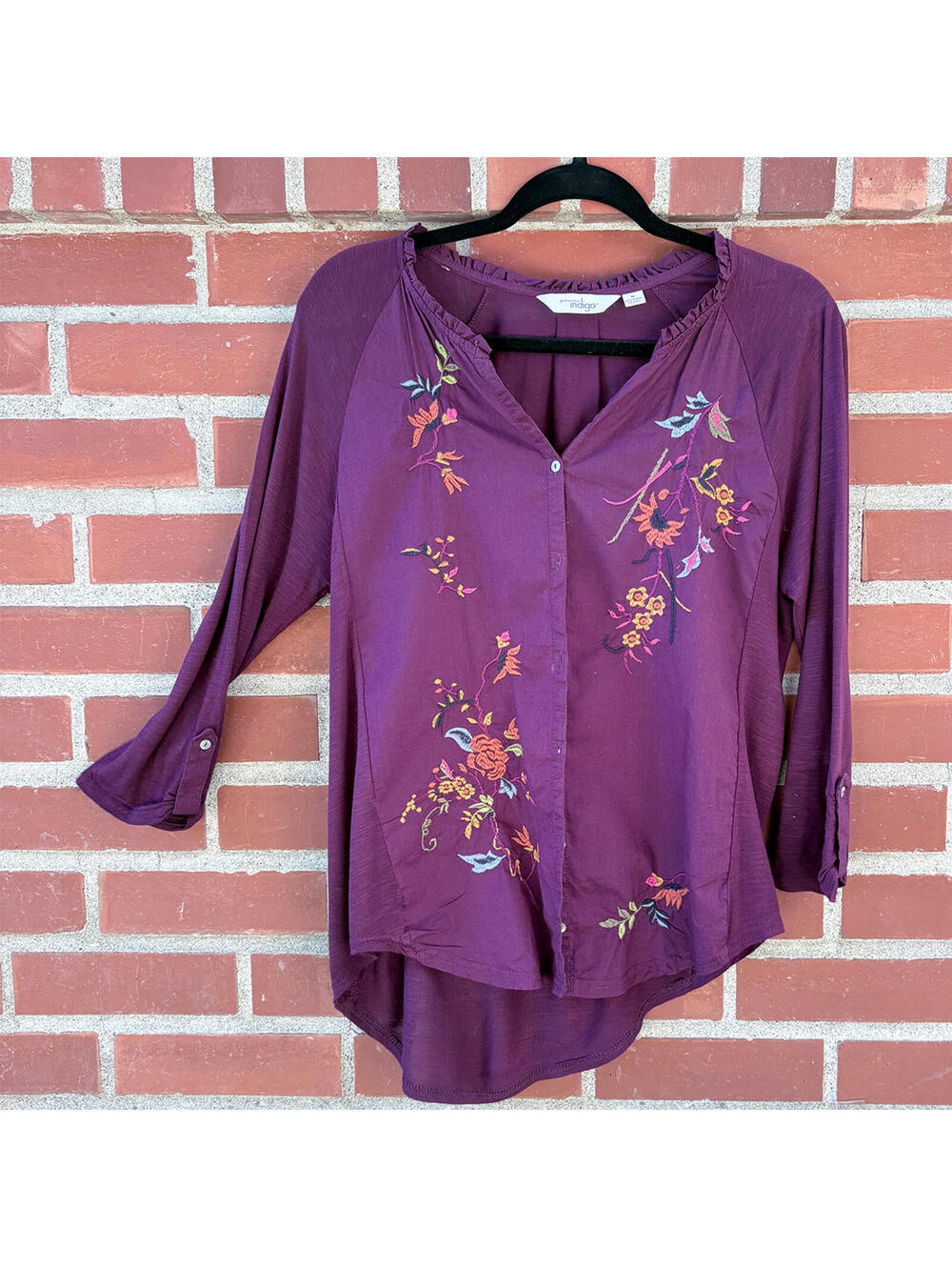 Great Northwest Indigo Button-Up Shirt with Floral Embroidery